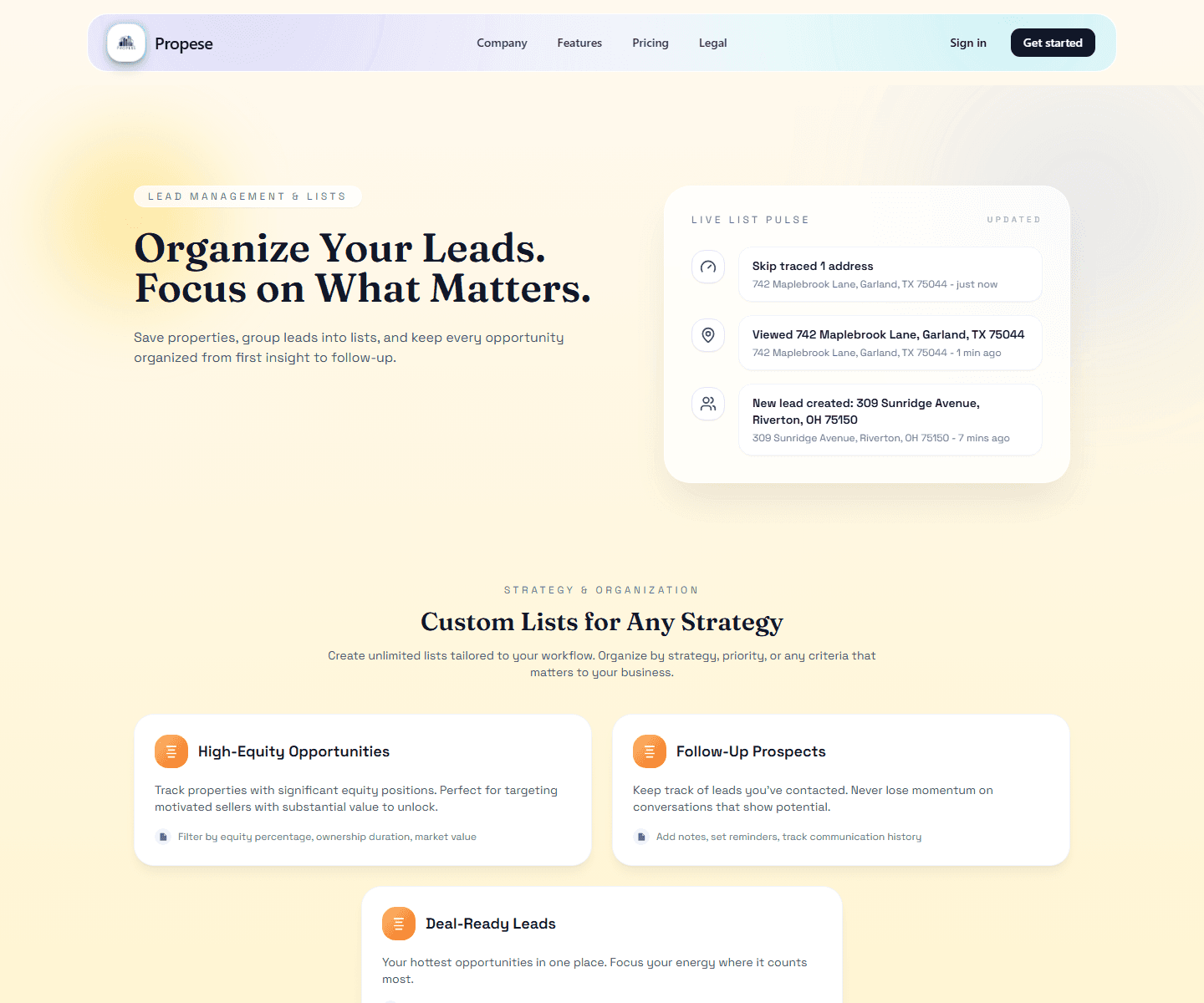 Propseek lead management product page screenshot